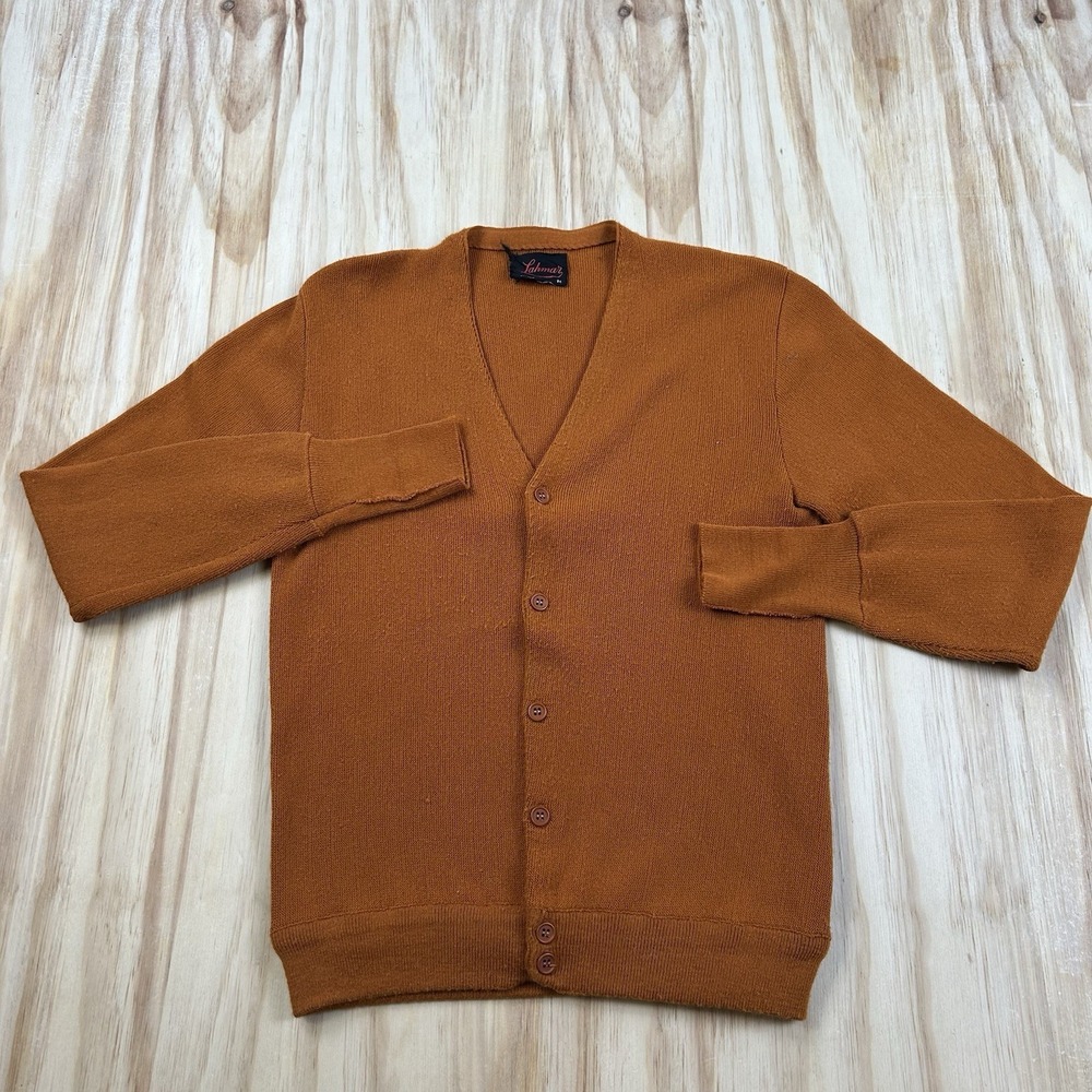 True Vintage Men's 70s Cardigan Burnt Orange Size Medium Retro Knit Sweater